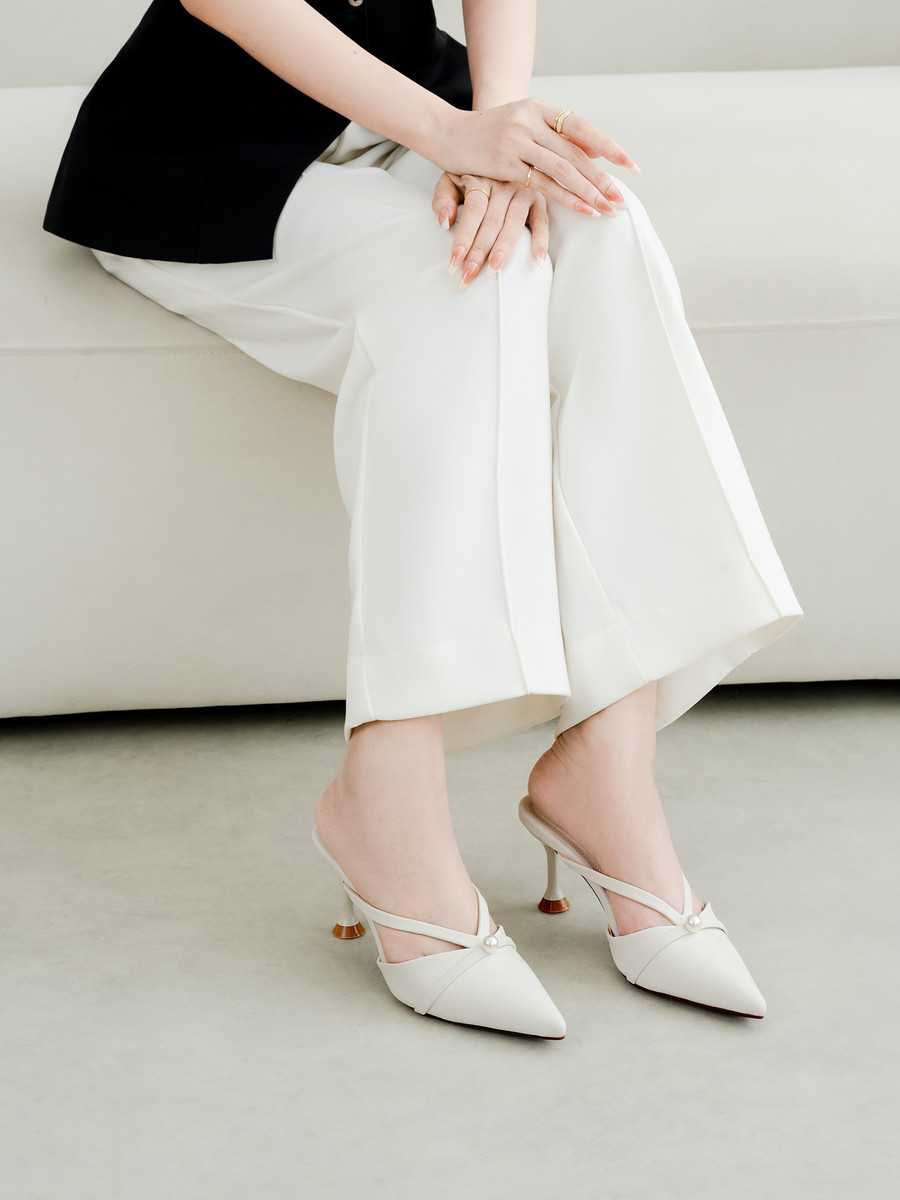 รองเท้ามิวล์ส้นสูง DL0679 White-Cream