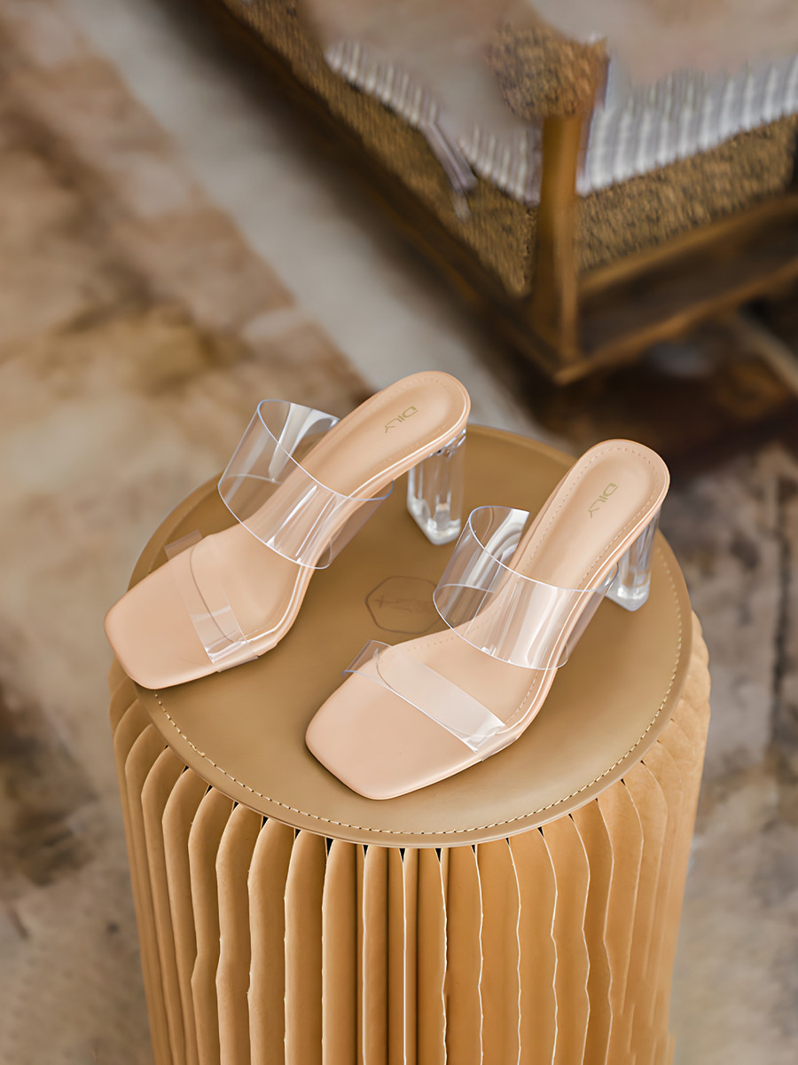 รองเท้าส้นสูงผู้หญิง DILY พื้นเหลี่ยม สายคาดใสเรียบง่าย สูง 8 ซม. รุ่น AA0396 Brown